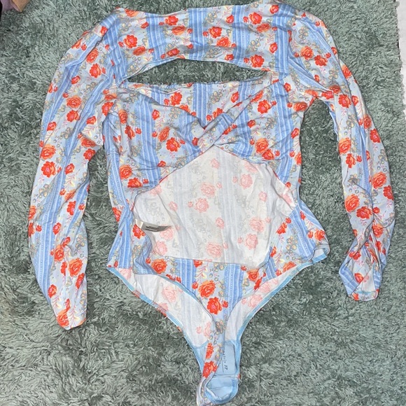 Free People Center Stage Open Back Floral Stripe Long Sleeve Printed Bodysuit - Picture 7 of 7